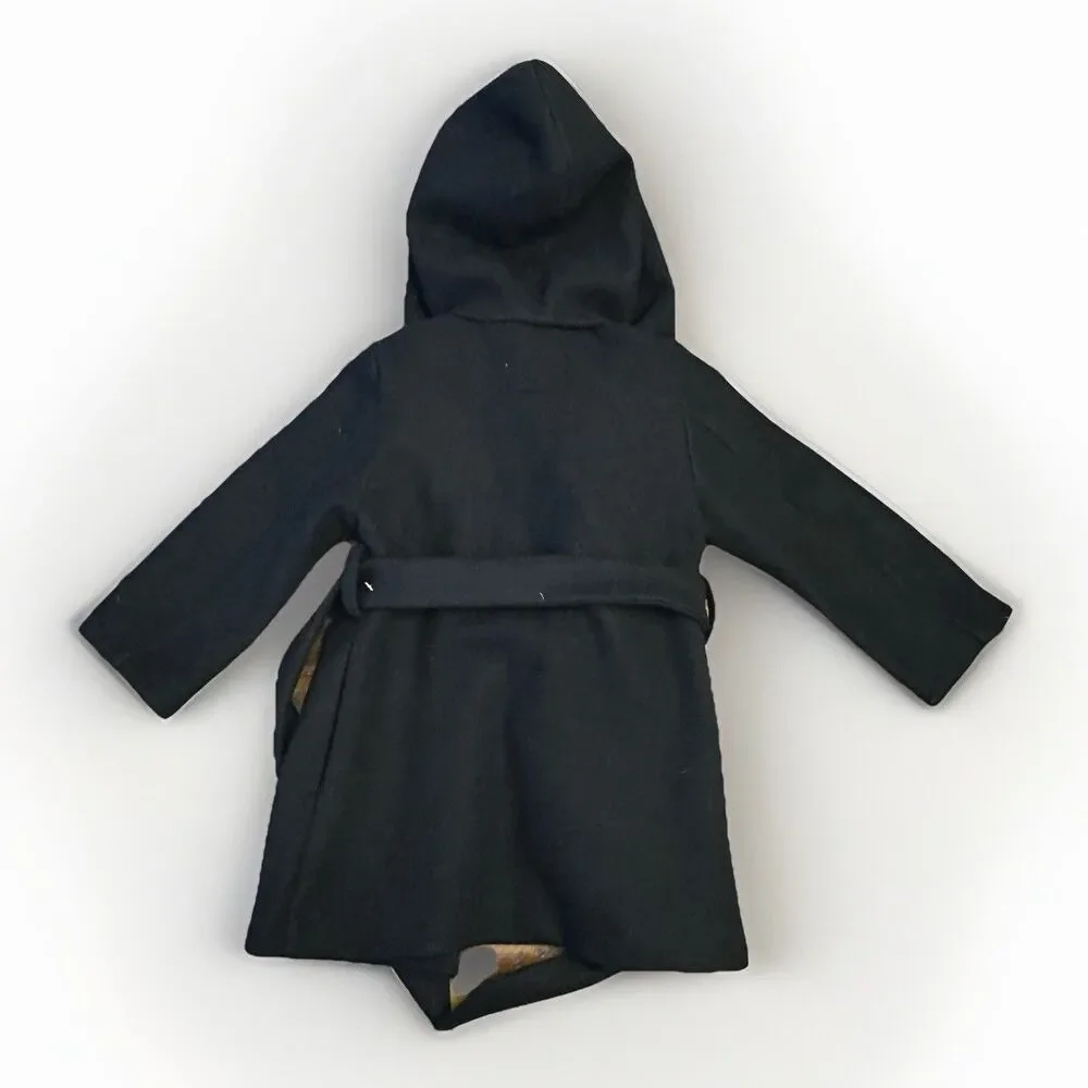 NWT GB Girls Size 2T 3T Black Hooded Peacoat Style Coat Waist Tie NEW